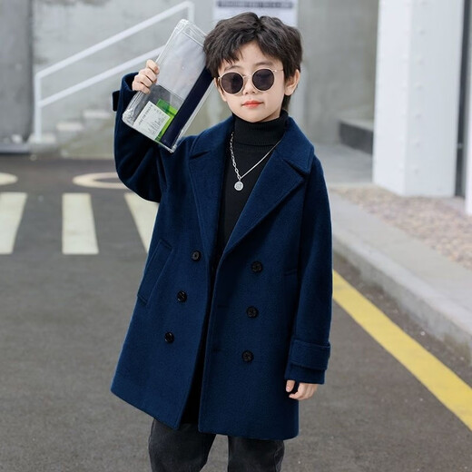 Disney (Disney) Boys Korean Version Thick Woolen Coat Children's Autumn and Winter New Double-breasted Medium-Length Woolen Windbreaker Coat Lake Green Cotton and Thickened Winter Style L-140 Recommended Height 130cm