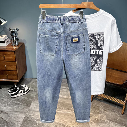 
New summer style men's loose elastic small feet long jeans men's trendy elastic belt iron-free casual harem pants 6623 light blue thin style 29 (recommended 105-120Jin [Jin equals 0.5 kg])