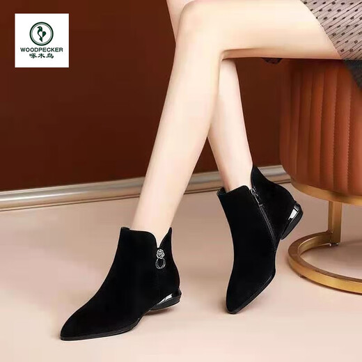 Woodpecker women's shoes women's genuine leather Martin boots women's 2025 new autumn and winter short boots women's boots plus velvet snow boots women's black plus velvet 35 standard size
