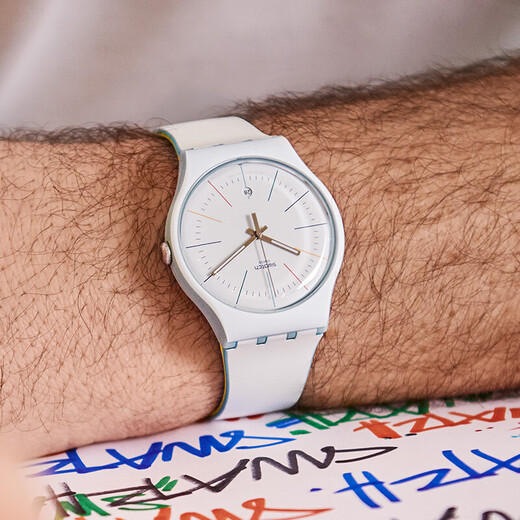 斯沃琪（Swatch）瑞士手表 原创系列 纯白炫彩 学生日历简约石英男女表SUOS404