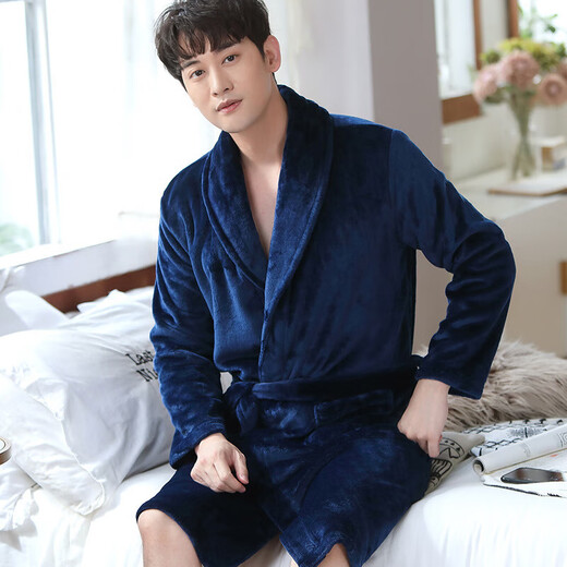 Yalu 25th Autumn and Winter New Men's Nightgown Coral Velvet Home Clothes Warm Flannel Large Size Bathrobe Large Size Home Clothes NSCJF-Light Gray Bathrobe Men's Y809 One Size