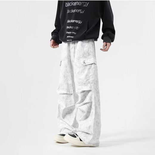 POUM American retro tie-dye workwear heavy jeans high street handsome wide-leg paratrooper pants trendy pleated dirty trousers dirty white regular XL 120-135Jin Jin is equal to 0.5 kg