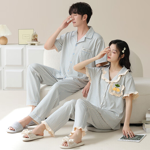 浪莎（LangSha）睡衣情侣装夏季纯棉7A抗菌短袖长裤家居服一男一女夏天可外穿套装 6227情侣装 女M+男XL