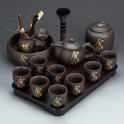 Zhengyang purple clay teapot tea set household complete set of high-end Kung Fu teapot ceramic tea cup business office gift tea tray purple clay dragon teapot willing to give up 8 cups complete set + long huqin black