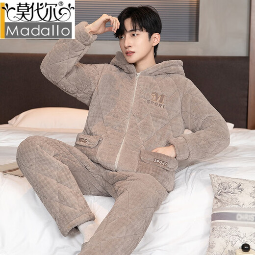 
Modal men's pajamas in winter wear warmth, thickened velvet coral velvet three-layer cotton zipper flannel home set N9902 lake blue gray set XL weight (120-140Jin [Jin equals 0.5 kg])