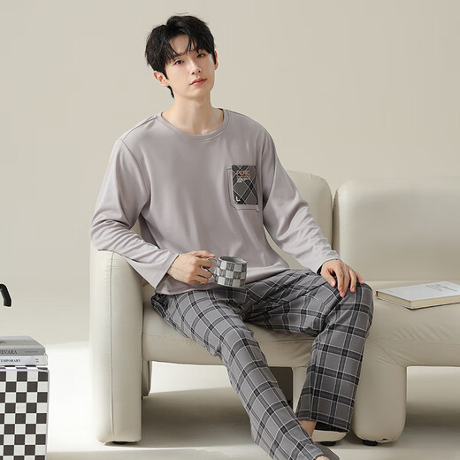 Langsha pajamas men 100% pure cotton long sleeve men's home clothes autumn and winter comfortable cotton men's pajamas pajamas and pants suit 16780 L