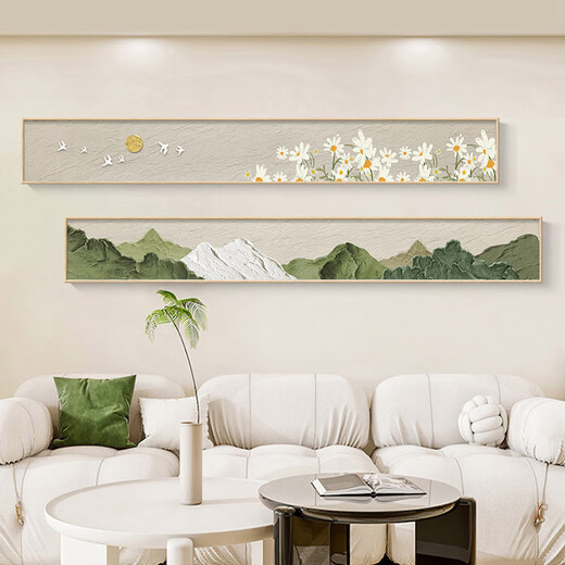 Whale style living room decorative painting long strip hanging painting texture wabi-sabi cream style high-end bedroom bedside sofa background wall painting 846-1 20*120 black frame/crystal porcelain painting