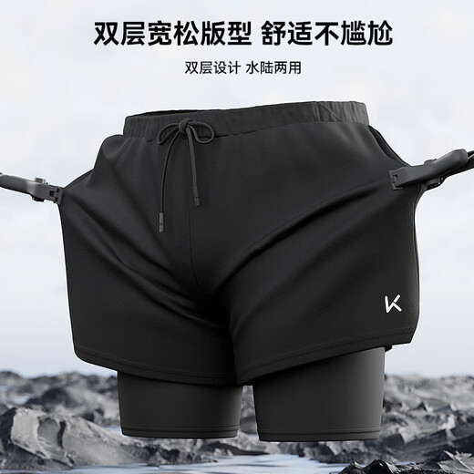 Keep swimming trunks men's anti-embarrassing double-layer loose swimming trunks swimming goggles swimming cap swimming trunks set black three-piece set XL