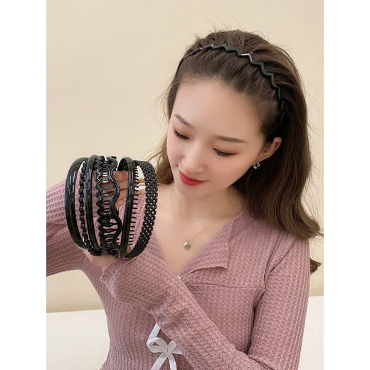 Princess Xiang decorated simple headband non-slip toothed hair binding bangs pressed broken hair headband non-slip hairpin black hair hole female summer 3# glossy waves