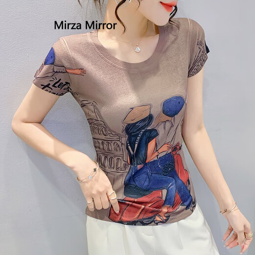 蜜莎蜜拉（Mirza Mirror）2024夏季新款欧货修身半袖上衣女洋气显瘦创意卡通印花短袖T恤潮 7029# S