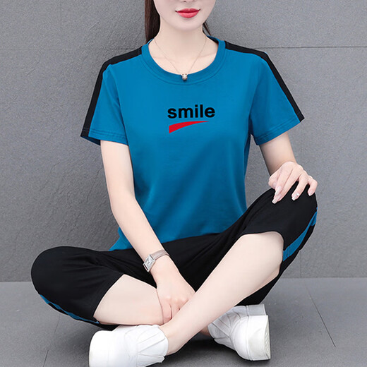 NY-EMMA运动套装女短袖夏季棉质休闲时尚中年洋气减龄广场舞跑步服两件套 689皮红（七分裤套装） XL(建议110-125斤)