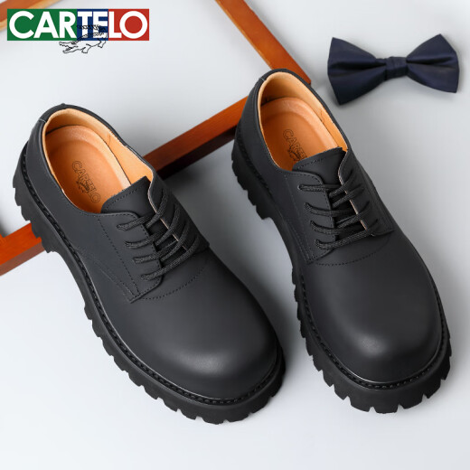 卡帝乐鳄鱼（CARTELO）英伦男士休闲皮鞋透气软牛皮德比鞋圆头厚底商务皮鞋男9930黑色43
