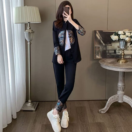 Fenling Herbst-Outfits Damenanzüge 40 bis 50 Jahre alt, hochwertiger, leicht fetter Tang-Anzug, neuer chinesischer Stil, Nationalstil 2024, neuer Frühlingsanzug 1048#, komplettes Set aus Hosen und Oberteil 4XL (empfohlen 160–180 Jin Jin entspricht 0,5 kg)