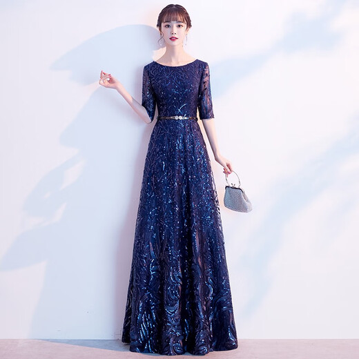 Seidlers Temperamentabendkleid für Frauen 2025 Neues High-End-Bankett Langfristige jährliche Meeting-Musik-Kunstprüfung Party Kleid Marine Blue XL