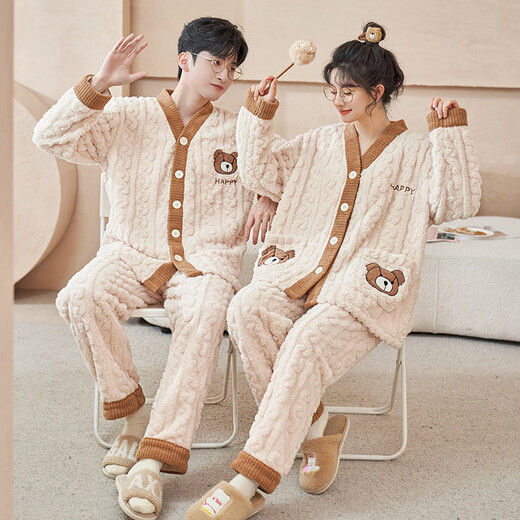 Langsha Couple Pajamas Autumn and Winter Men and Women Coral Velvet Warm Plus Velvet Thickened Cartoon Cute Loose Flannel Home Clothes Cartoon Bear 2XL Women's Style