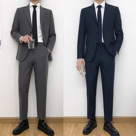 GOKU suit suit men's business professional formal Korean style casual suit men's wedding groom's dress trendy no-iron slim fit black suit + gray shirt + trousers + tie 2XL recommended 145-160Jin Jin equals 0.5 kg