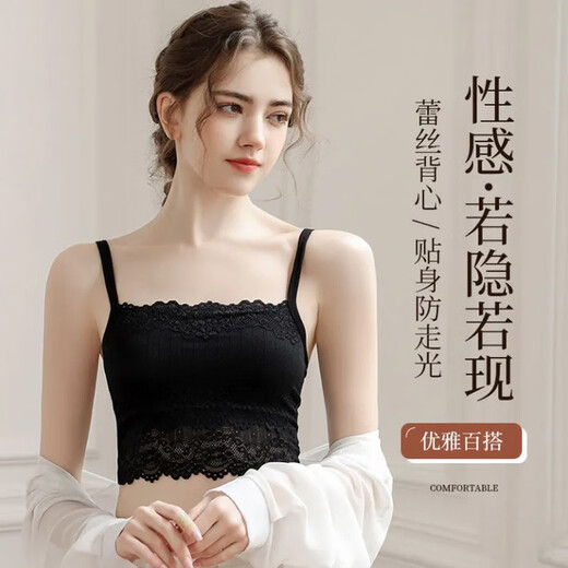 Jingxiaoer tube top anti-exposure inner lace wrapped chest white beautiful back suspender bra for women summer thin bottoming vest short style fairy and sultry - black + white high quality
