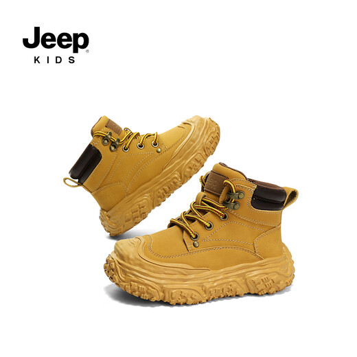 Jeep Jeep Children's Martin Boots Jungen Herbst und Winter 2024 Neue Samt Lederstiefel Jungen können keine großen gelben Stiefel braun 34 Schuhe mit ungefähr 21,5 cm lang treten