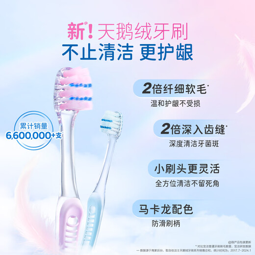 佳洁士小宽头超细软毛天鹅绒护龈牙刷樱花粉*2静谧蓝*2新老包装混发