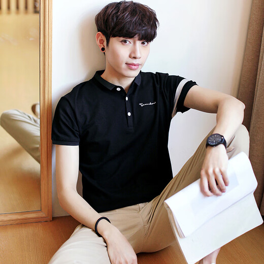 Yu Zhaolin men's short-sleeved POLO shirt men's summer lapel slim and simple fashionable casual youth short-sleeved T-shirt men YMTD200525 black XL