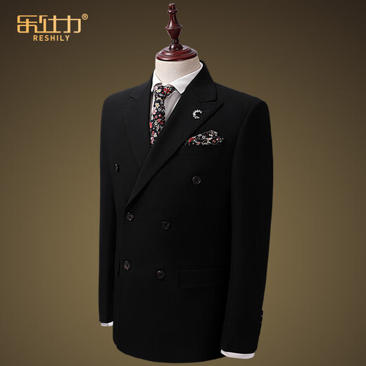 Leshili high-end handsome suit suit male groom wedding dress slim stretch black business casual suit suit arch line double button black 2-piece set (jacket + pants) 180/52/XL default size 33 pants