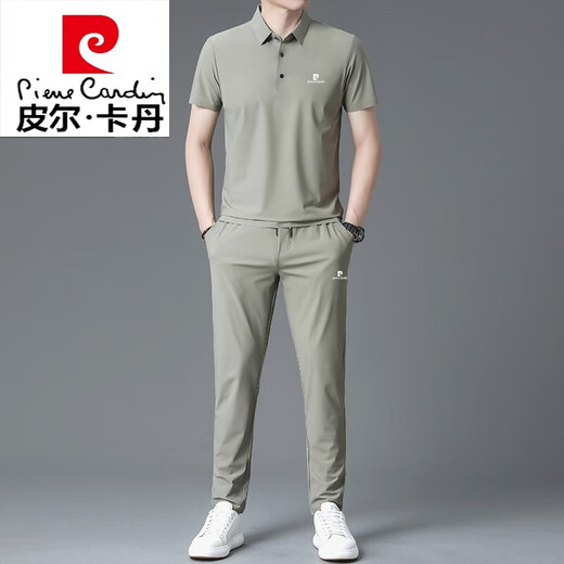皮尔卡丹（pierre cardin）高端轻奢短袖T恤男士桑蚕丝休闲运动套装长裤休闲两件套针织 8830#藏青 2XL 180【建议体重150-165斤】