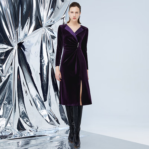 Aiteai Lapel Waist Asymmetric Slit Velvet Dress Autumn and Winter New Dinner Women's Clothing 7577213 Soft Purple 98 M 160
