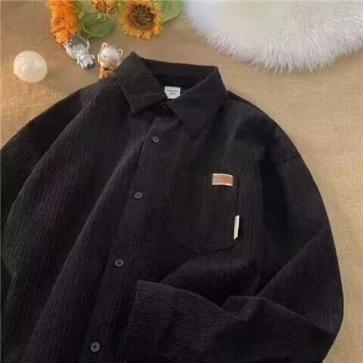 锡元免烫宽松休闲长袖衬衫男简约百搭韩版学院风休闲帅气外套衬衫衬衣 687黑色 M