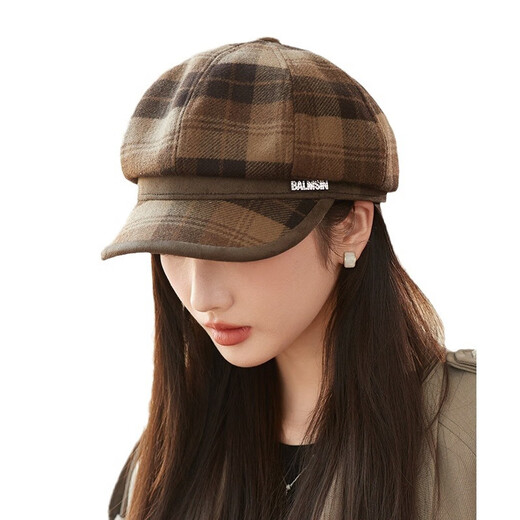 Jimmy leaf hat women's autumn and winter new plaid octagonal hat literary age-reducing beret British retro woolen newsboy hat coffee color one size M (56-58cm)