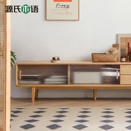 Genji Muyu solid wood TV cabinet modern living room oak household storage cabinet walnut color glass sliding door TV cabinet 2.0 meters