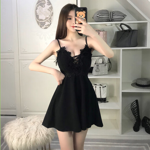 Jingya nightclub dress with low cut sexy clothes nightclub small V-neck women's suspender skirt slim and belly-covering skirt Black XL