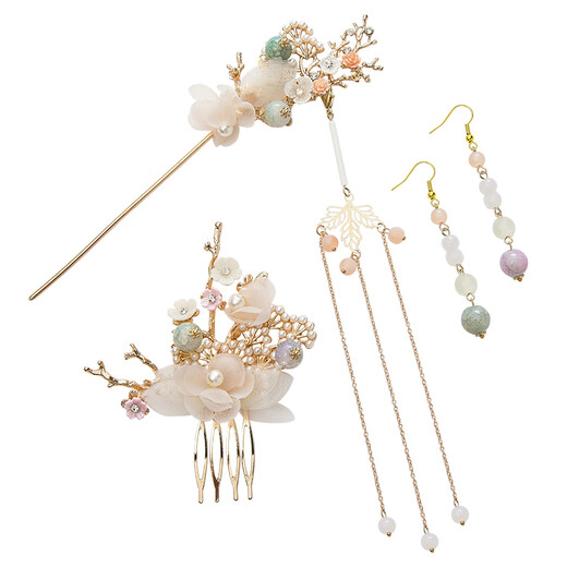 Hanfu ancient style hairpin headdress tassel step shake super fairy silk flower hairpin hair fork full set of hair accessories tiara ancient costume accessories Xia Zhi - (hairpin + hair comb + earrings) (ear hook style)