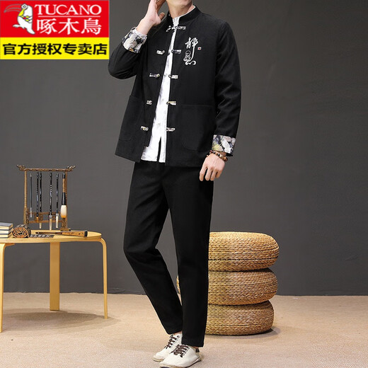 
Woodpecker (TUCANO) Spring and Autumn Chinese Style Hanfu Corduroy Jacket Young Men's Plate Clothes Chinese Tang suit Two-piece Set A922818 Set Black M Recommended 90115Jin [Jin equals 0.5 kg]