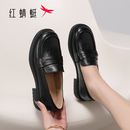 红蜻蜓乐福鞋女春秋季英伦风方头软底单鞋女方跟皮鞋女WLB14137 黑色 38