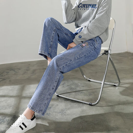 熊司令韩版春夏季裤子新款松紧宽松阔腿裤12-18岁潮中学生牛仔裤女毛边 品质款二 a9853 S  70-85斤