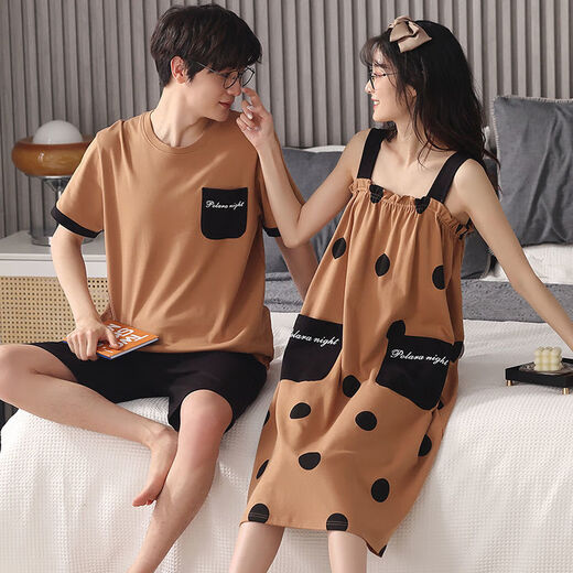 
Langsha (langsha) couple pajamas pure cotton suit summer short-sleeved suspender skirt cool thin style one man and one woman full cotton home clothing L9902 [high quality pure cotton] L men