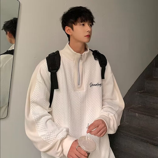 Poum Sweatshirt Herren Frühling und Herbst Polo Shirt American High Street College Ständer Halsband Halbzipper Loose Turtle Kragen Sportjacke JCF-679 Gray M.