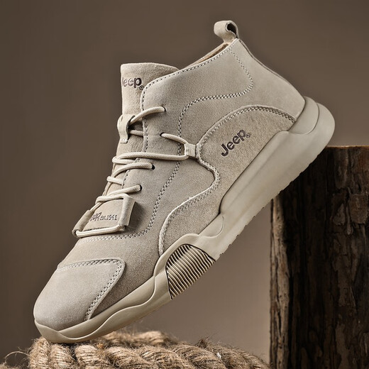 Jeep Herrenschuhe Leichte Kee-Resistante Jeep 2025 Frühlings- und Sommer-Martin Boots Herren Soft Sohle Mid-Top Flat Casual Schuhe Echte Lederschuhe Herren Sandfarbe (Empfohlen von Ladenmanager) 40