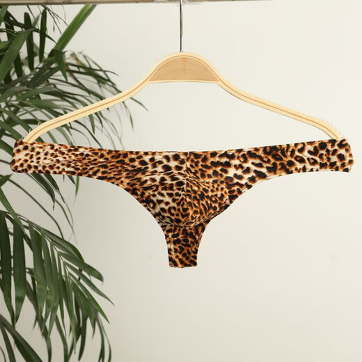 Men's leopard print underwear, men's thong with bulging bag, narrow hem, sexy men's thong, L black