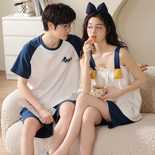 Lemianxin couple pajamas for women in summer pure cotton women home clothes suspenders casual cotton men summer pajamas suit DD9906 M women + men XXL