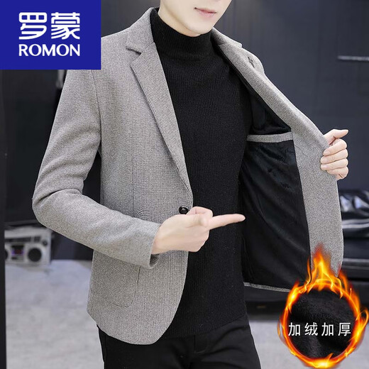 ROMON men's velvet thickened small suit tailored autumn and winter woolen coat Korean style casual set with suit gray L 170