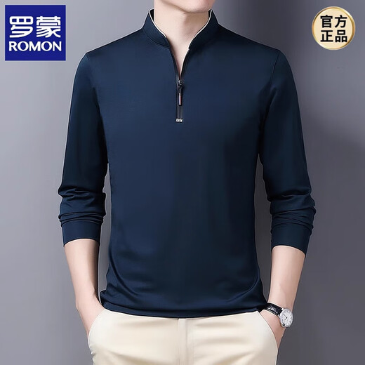 ROMON new long-sleeved T-shirt for men's trendy stand-up collar zipper casual top base shirt autumn new polo shirt men's clothing 6623 royal blue 165/M