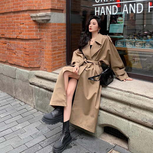 
GARNUO khaki windbreaker jacket for women mid-length 2025 new spring and autumn Korean small high-end British style coat khaki M[111-130Jin[Jin equals 0.5 kg]]