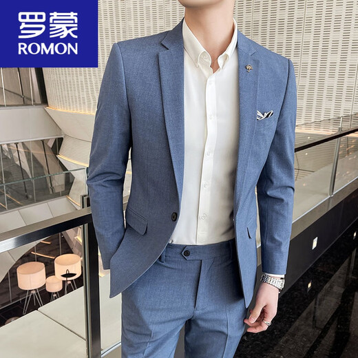 罗蒙（ROMON）春夏季修身西装两件套男结婚礼服薄款休闲西服套装男士商务正装潮 浅蓝色(两件套)衬衫，领带，领结 3XL 56
