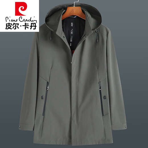 Pierre Cardin light luxury high-end plus size spring and autumn men's mid-length windbreaker plus fat extra large loose fat man coat removable hood windbreaker black 205