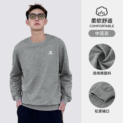 Camel round neck long-sleeved pullover sweatshirt for men, autumn fashion loose thin casual sports top for women J13CAY6063, medium gray, men's 2XL (180)