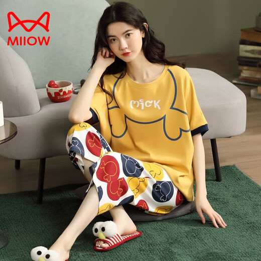 Cat Man (MiiOW) pure cotton pajamas for women in 2025 new summer short-sleeved cropped pants thin casual outdoor wear suit 7 points: 677 colored duck women XXXL