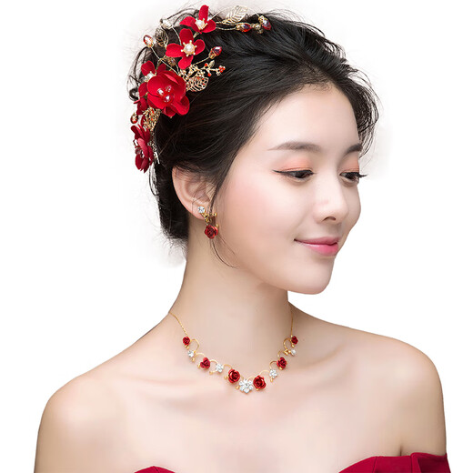 Baoxiayue Bridal Headwear 2025 Super Fairy Red Toast Clothes Hair Accessories Hairpin Wedding Dress Wedding Three-piece Set Pair of Side Clips
