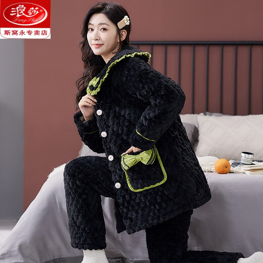 浪莎（LangSha）冬天珊瑚绒睡衣女秋冬季夹棉袄三层加厚加绒法兰绒黑色家居服套装 HL6624-浅棕口袋花 中长款夹棉 M (推荐80-100斤)