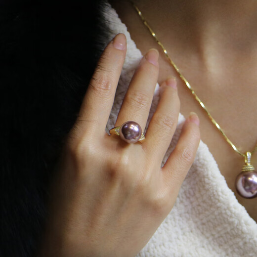 Fat Donglai's same 18k rose gold pearl ring Shunjing's new purple pearl is round and extremely strong Purple Pearl 10mm Love's Waiting Rose Gold Ring